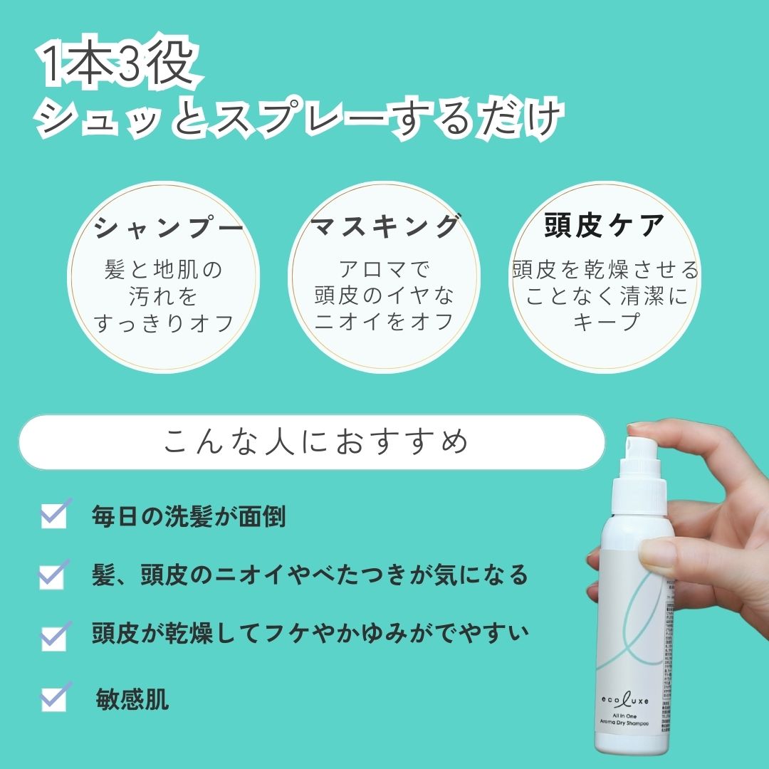 1本3役
時短！1本でシャンプー・マスキング・頭皮ケアができる
シュっとスプレーするだけで、髪と地肌の汚れをオフし、頭皮特有のニオイをしっかり消臭し、頭皮を清潔に保つことができます。スタイリングも楽になるので、朝に使用するのもおすすめです。 