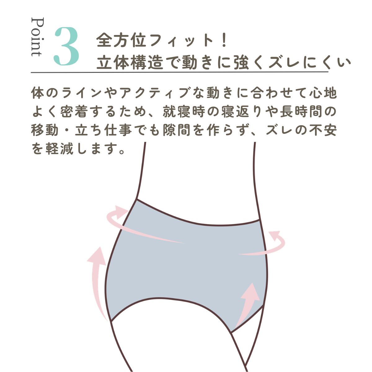 体のラインやアクティブな動きに合わせて心地よく密着するため、就寝時の寝返りや長時間の移動・立ち仕事でも隙間を作らず、ズレの不安を軽減します。